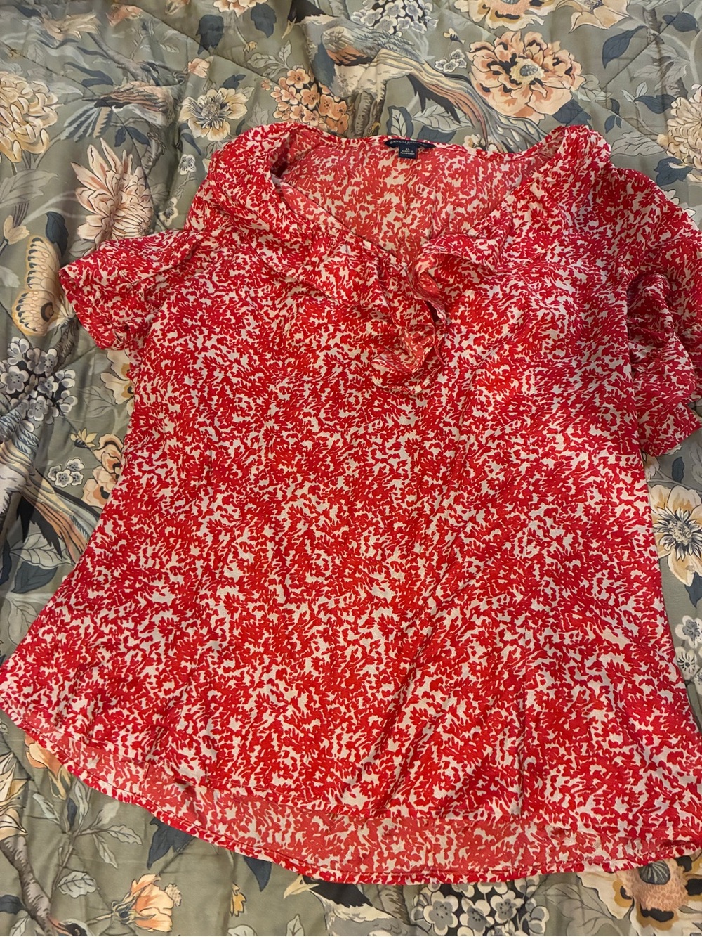 Banana Republic Red and White Ruffle-Front Printed Blouse